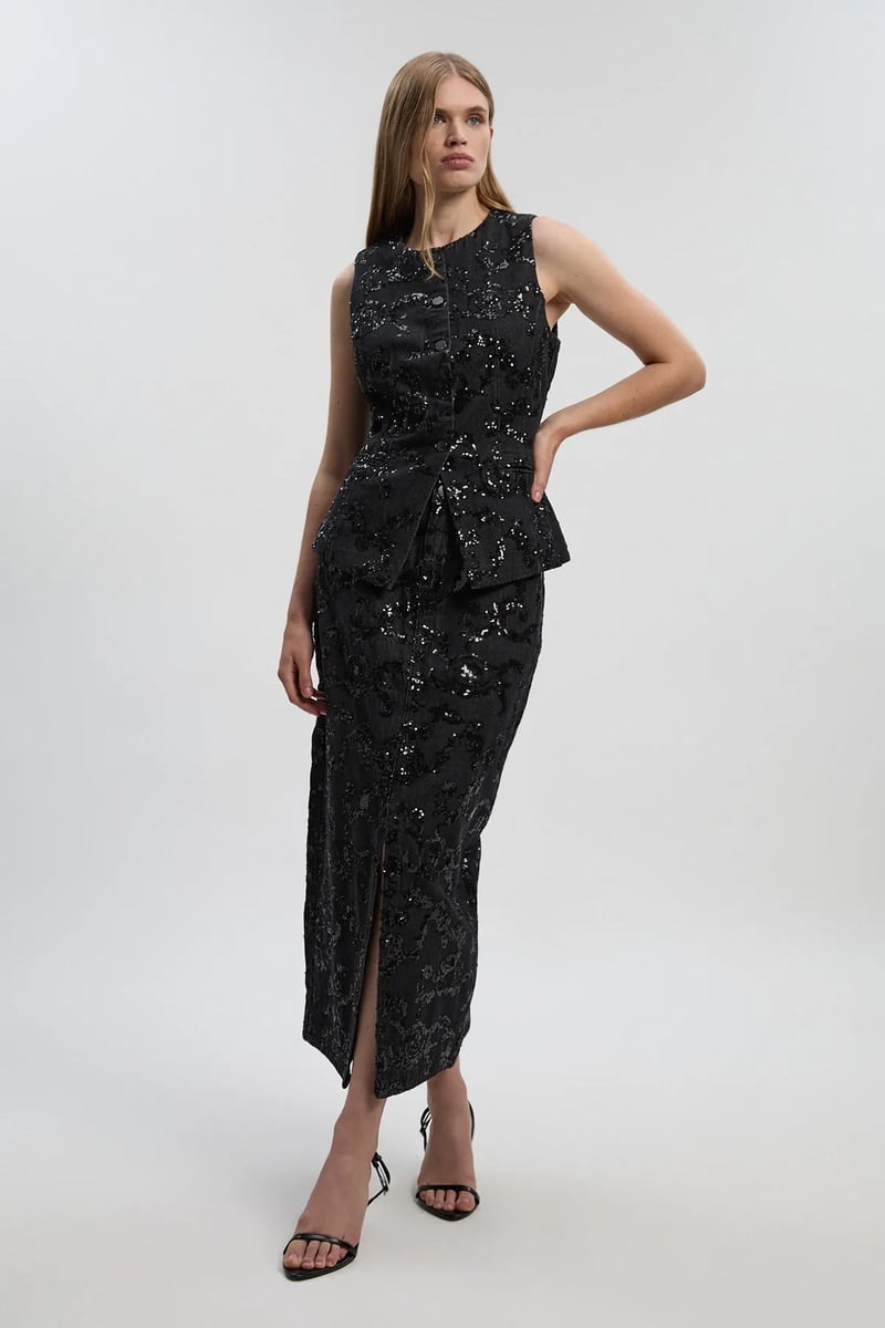 Black Sequin Button-Front Sleeveless Tailored Top