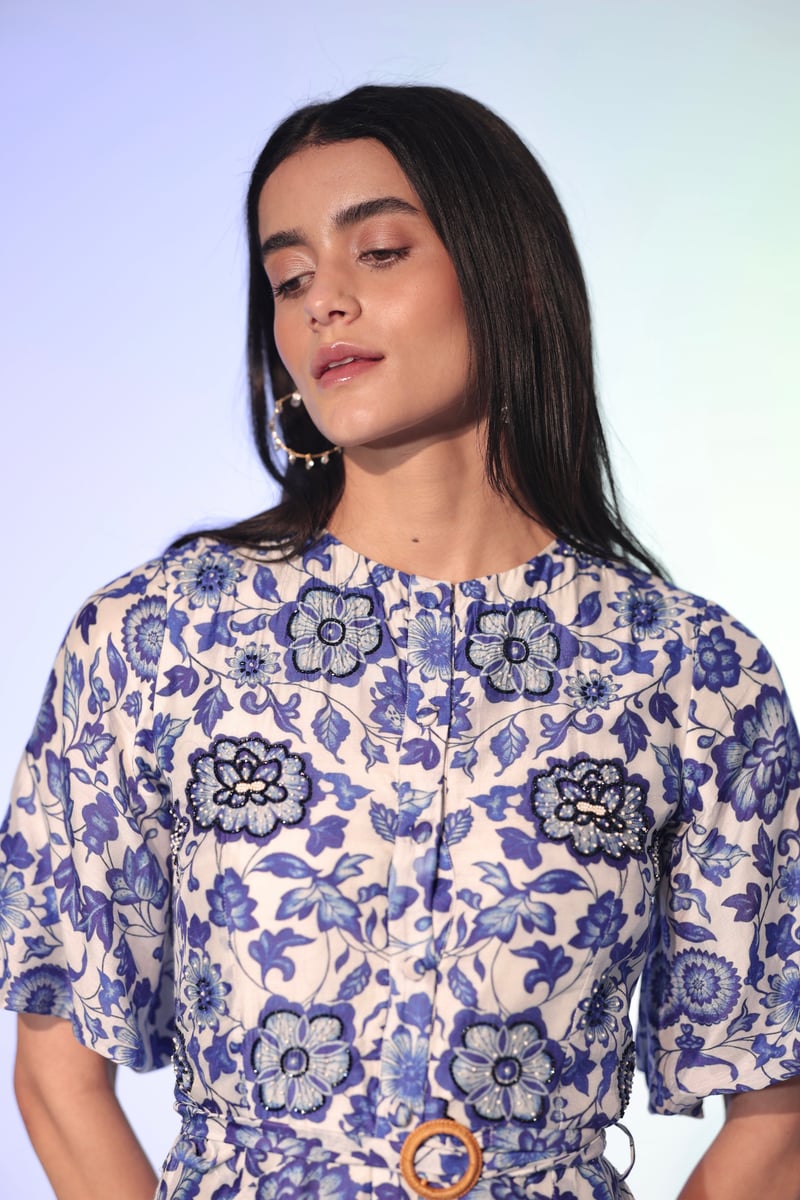 White and Blue Floral Belted Button-Front Midi Dress