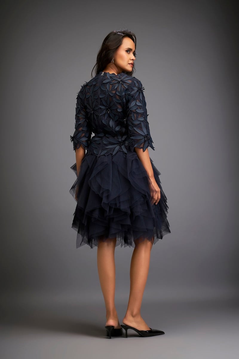 Navy Blue Floral Applique Fit and Flare Knee-Length Dress