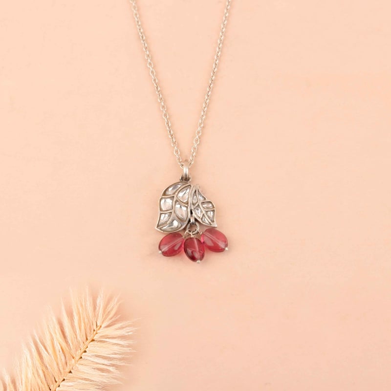 Essence Dual Leaf Kundan Pink Drop Necklace