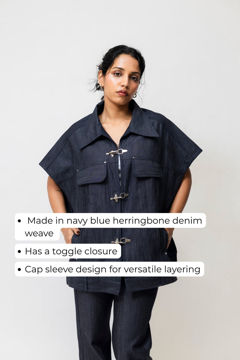 Navy Blue Oversized Herringbone Denim Utility Jacket