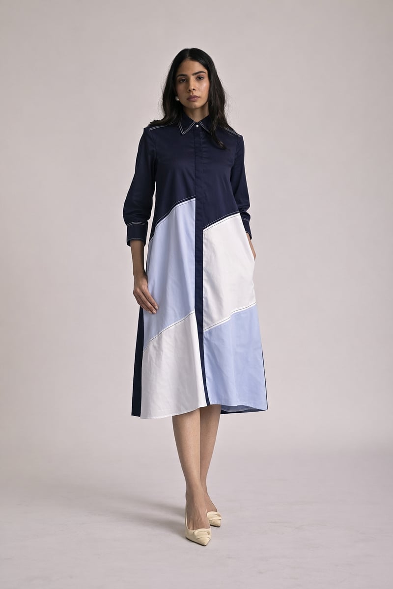 Multicolor Diagonal Colorblock Midi Shirt Dress
