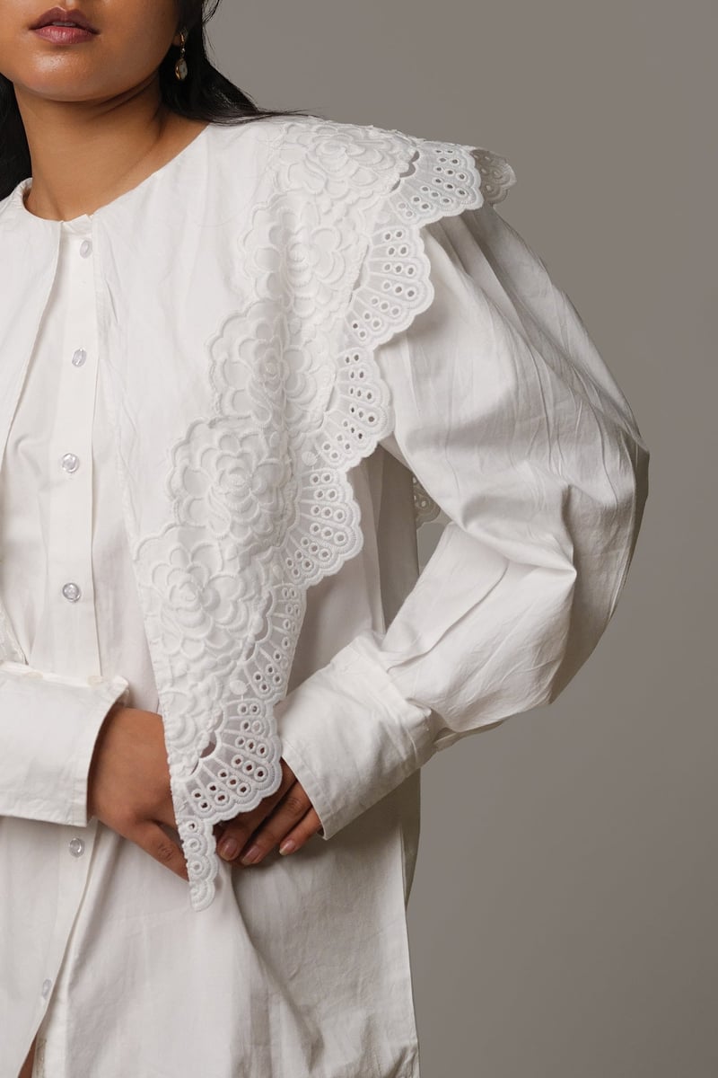 White Cotton Mini Shirtdress with Scalloped Eyelet Overlay