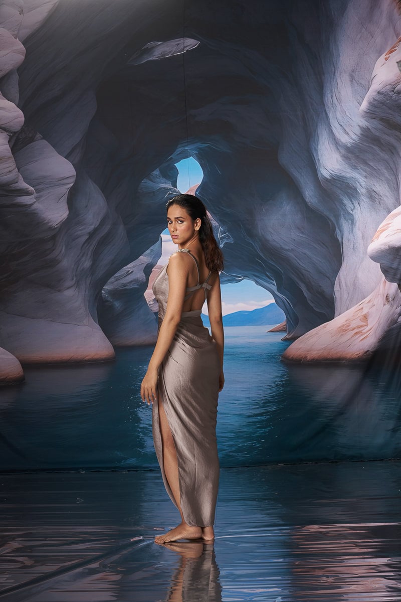 Silver Satin Cowl Neck Maxi Gown with Embellished Straps