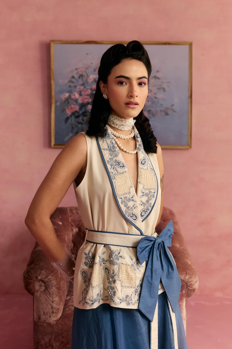 Off-White Waistcoat and Blue Maxi Skirt Co-ord Set