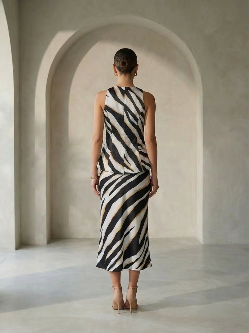 Black/White Abstract Printed High-Waist Midi Skirt