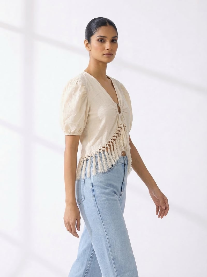 Natural Cream Ruched V-Neck Cropped Blouse with Fringe Hem
