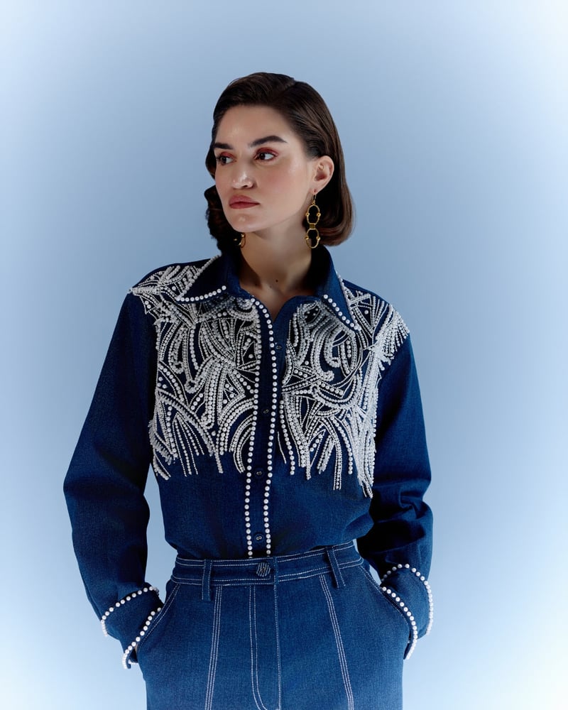 Blue Denim Pearl Embellished Button-Down Shirt