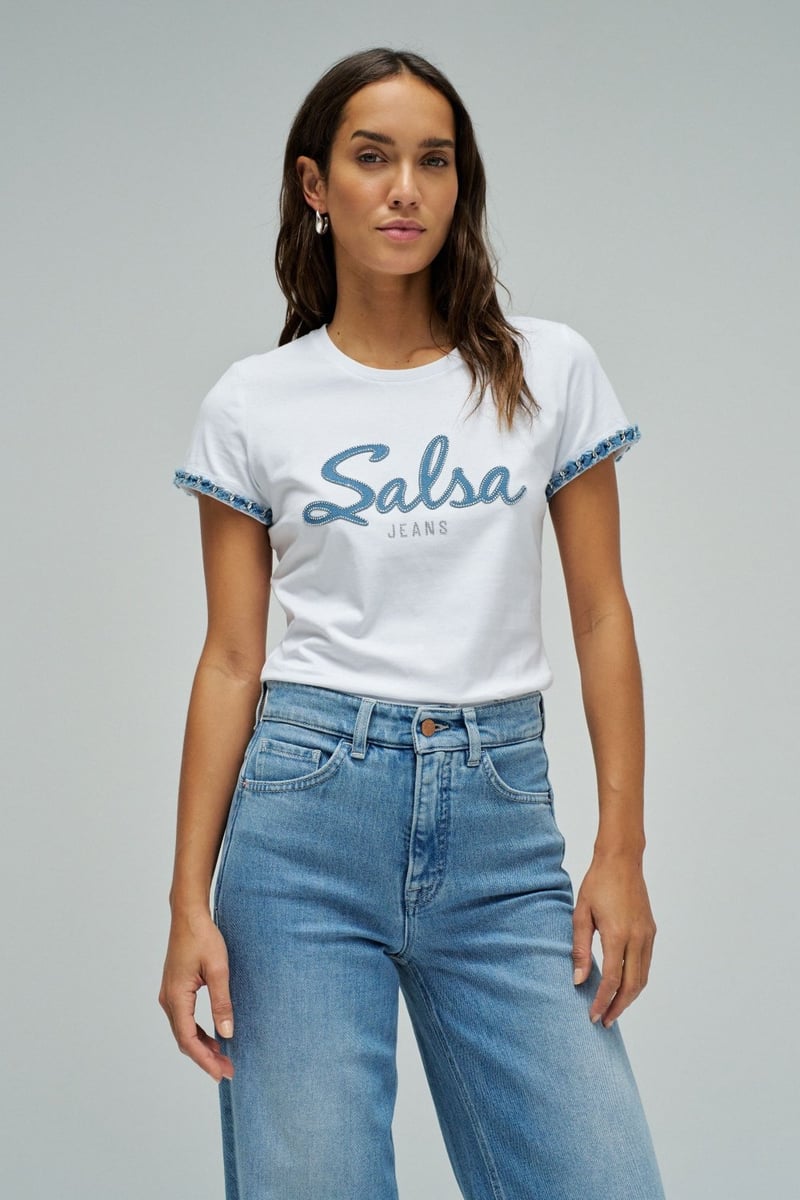 White Crew Neck Graphic T-Shirt with Sleeve Trim — SALSA JEANS