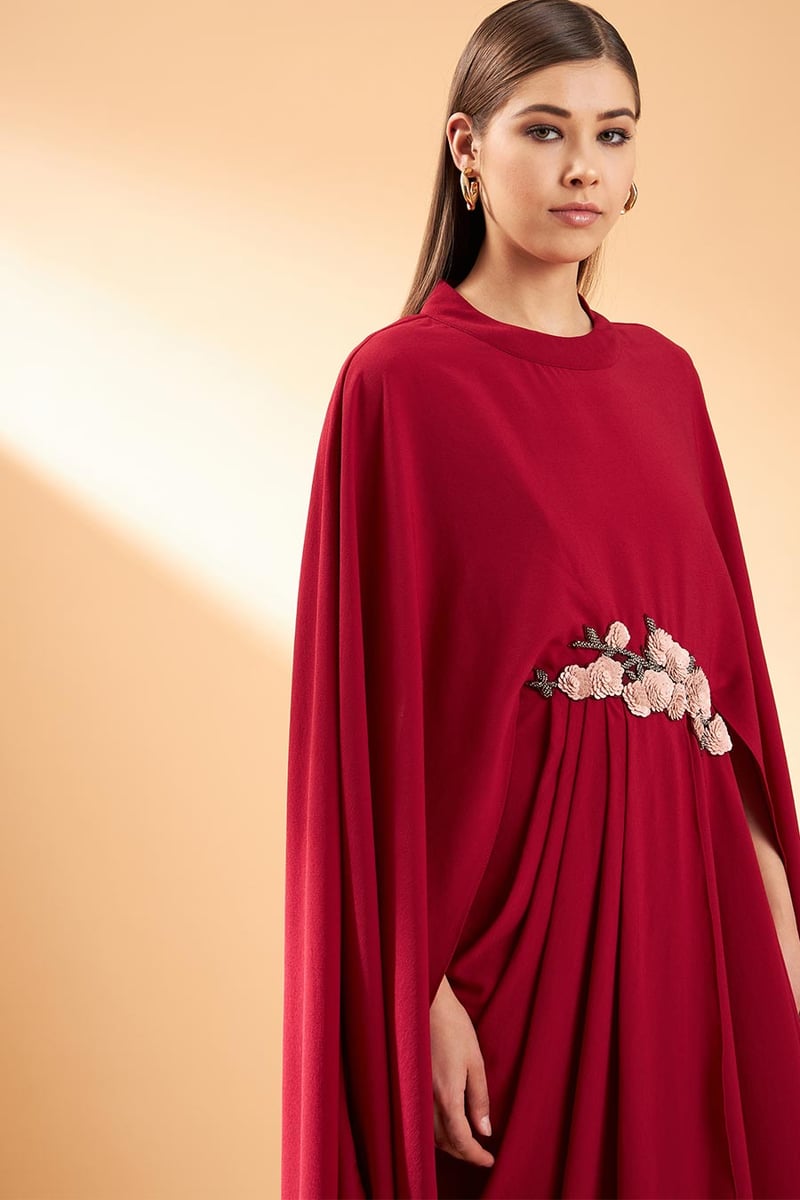 Maroon Maxi Cape Drape Dress with Sequin Embroidery