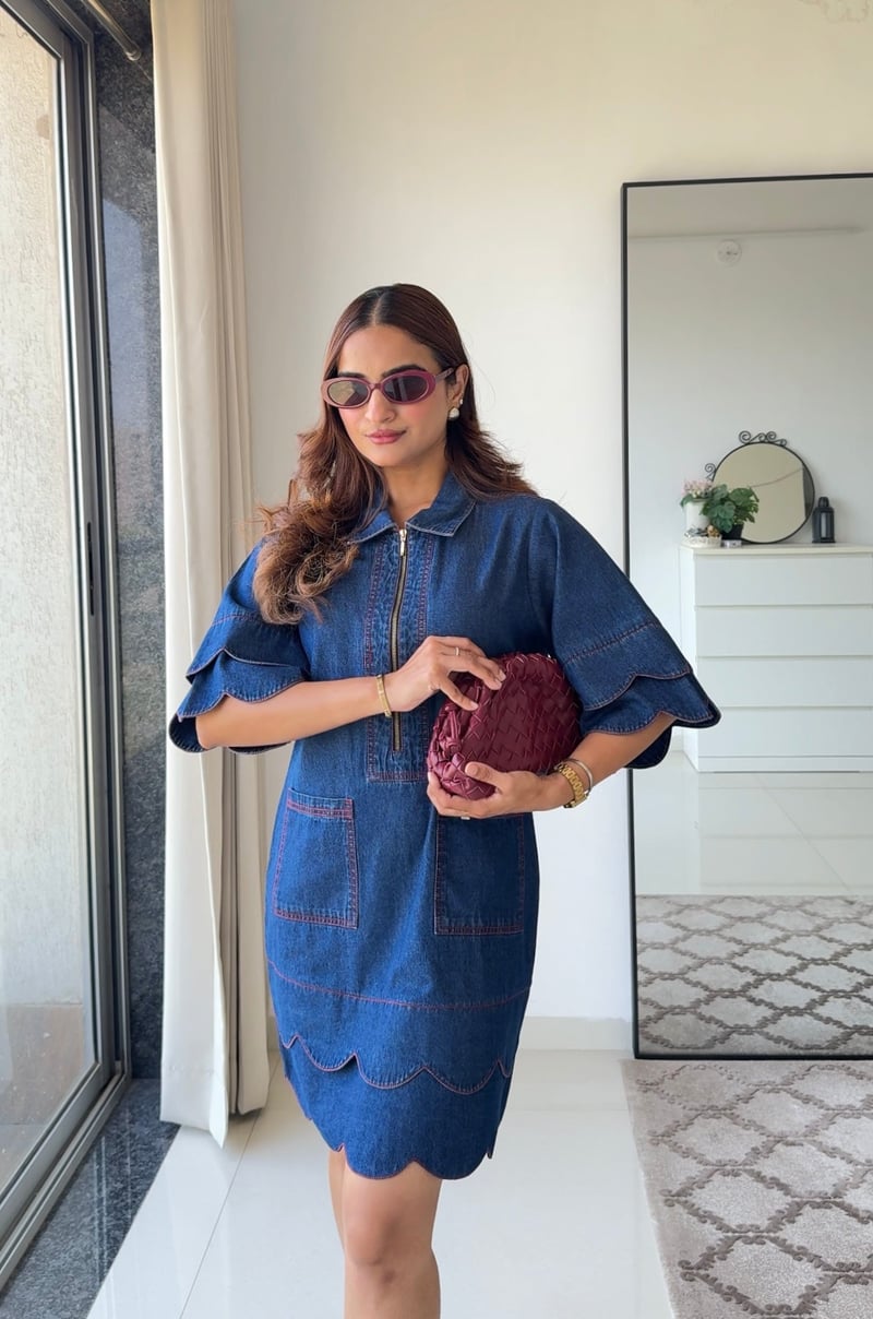 Blue Denim Shirt Dress with Zip Front and Scalloped Hem