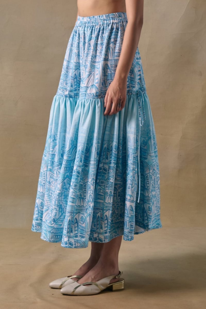 Blue Landscape Printed Tiered Midi Skirt with Side Ties