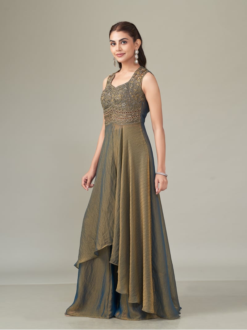 Moss Green Shimmer Chiffon Embroidered Co-ord Set
