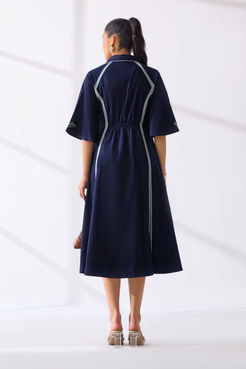 Navy Cotton Satin Zip-Front Fit and Flare Midi Dress