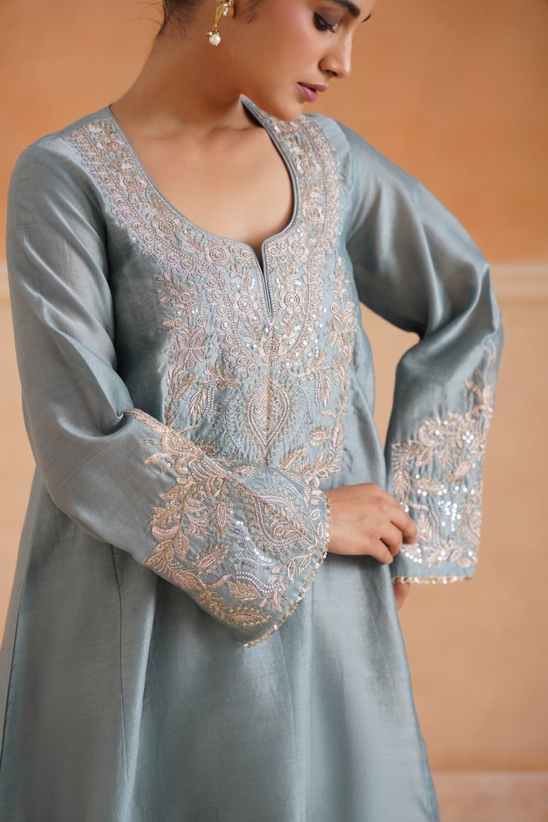 Sage Blue Chanderi Embroidered Kurta Set with Dupatta