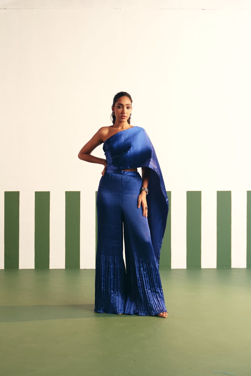 Cobalt Blue One-Shoulder Pleated Satin Drape Jumpsuit