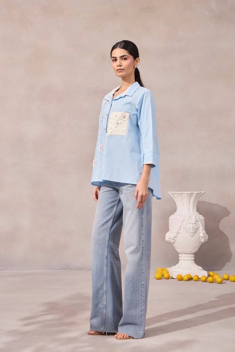 Frost Blue Cotton Poplin Shirt with Applique and Pearl Pocket