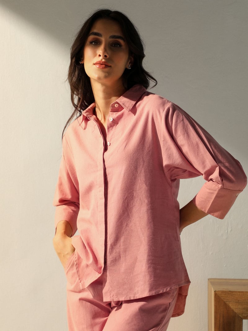 Rose Pink Linen-Blend Shirt and Wide-Leg Pants Co-ord Set