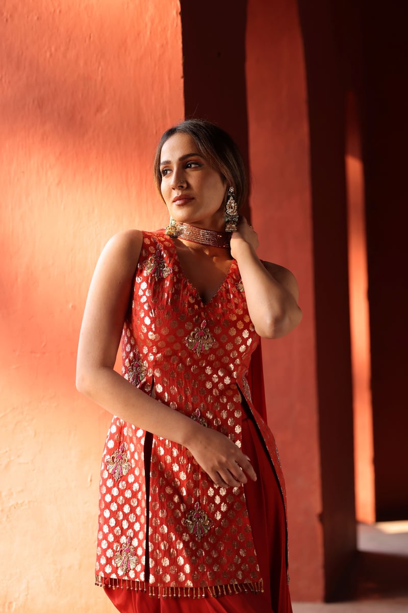 Red Chanderi Silk Suit