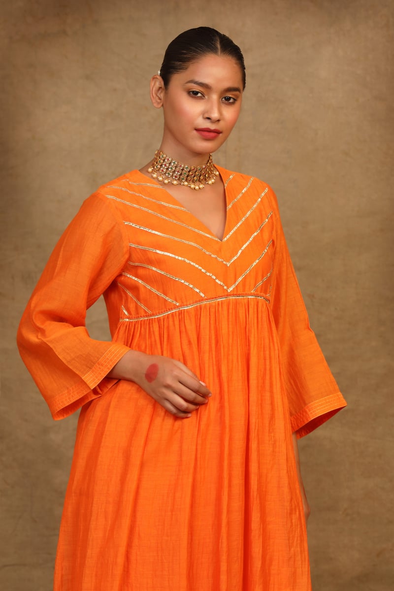 Orange Silk Chanderi Gota Work Kurta Set with Dupatta