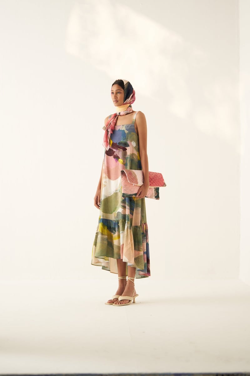 Abstract Print Tiered Midi Dress with Square Neck — Ofrida