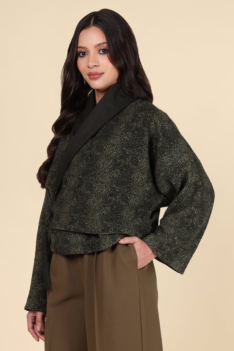 Black/Khakhi Cropped Wrap Jacket with Tie Belt