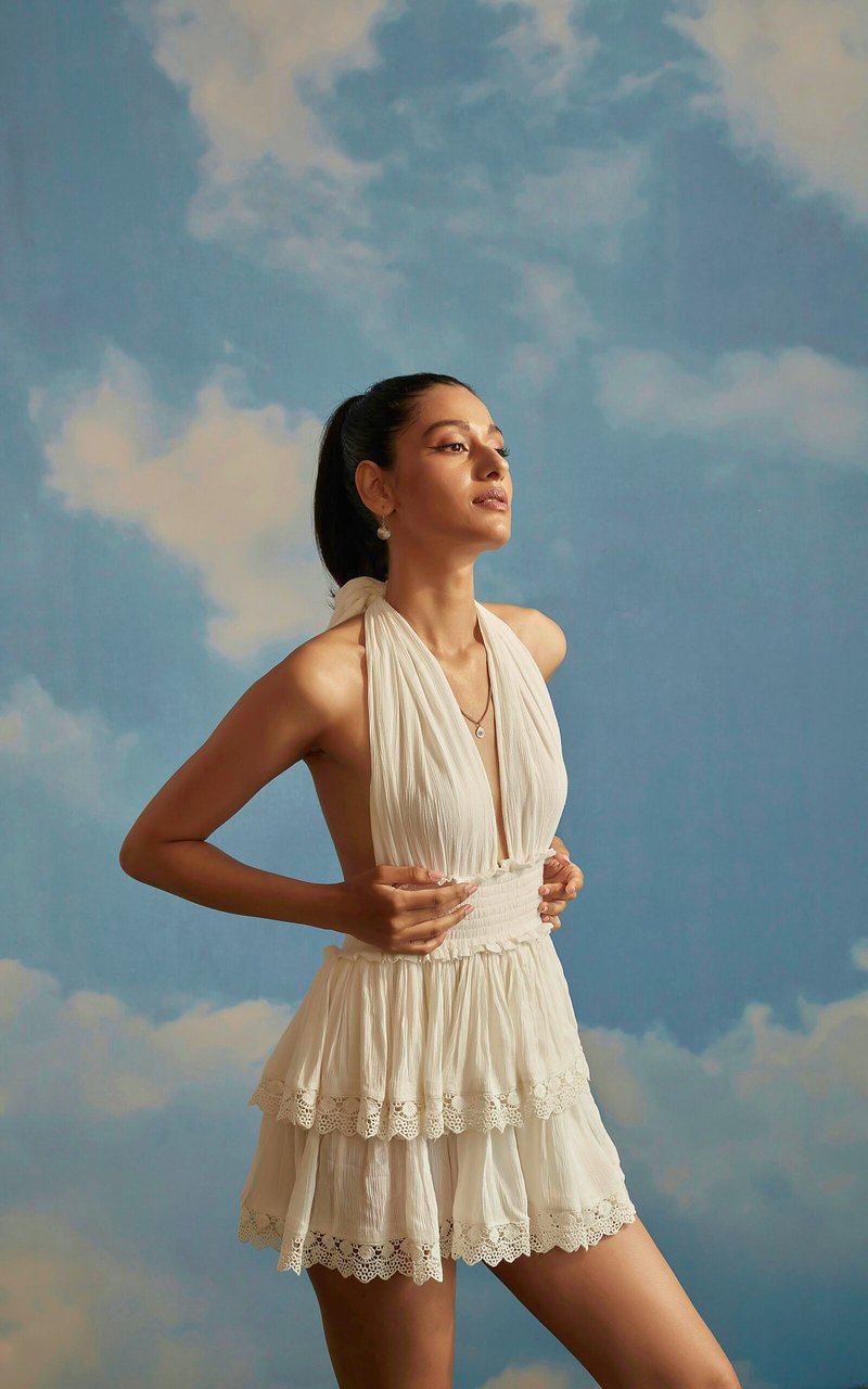 Off-White Halter Tie-Up Tiered Mini Dress with Lace Trim