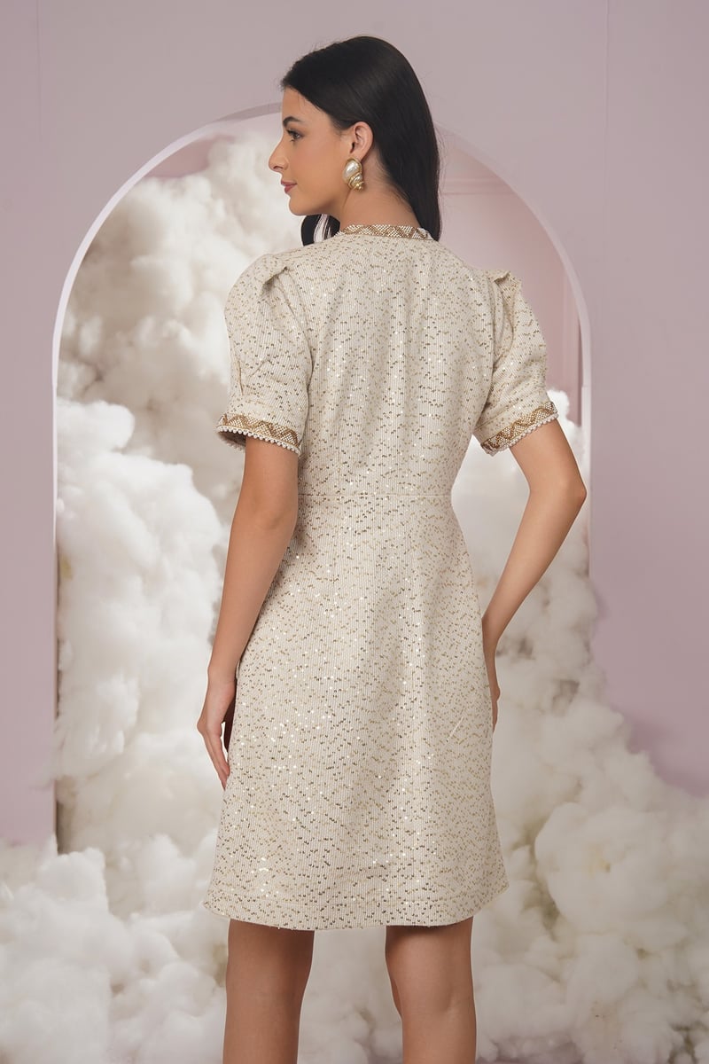 White Sequin Tweed Knee-Length A-Line Dress