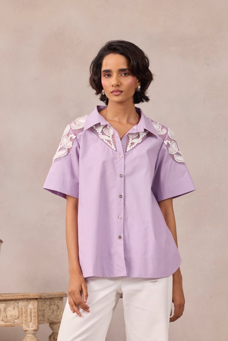 Sweet Lavender Cotton Poplin Shirt With Embroidered Yoke