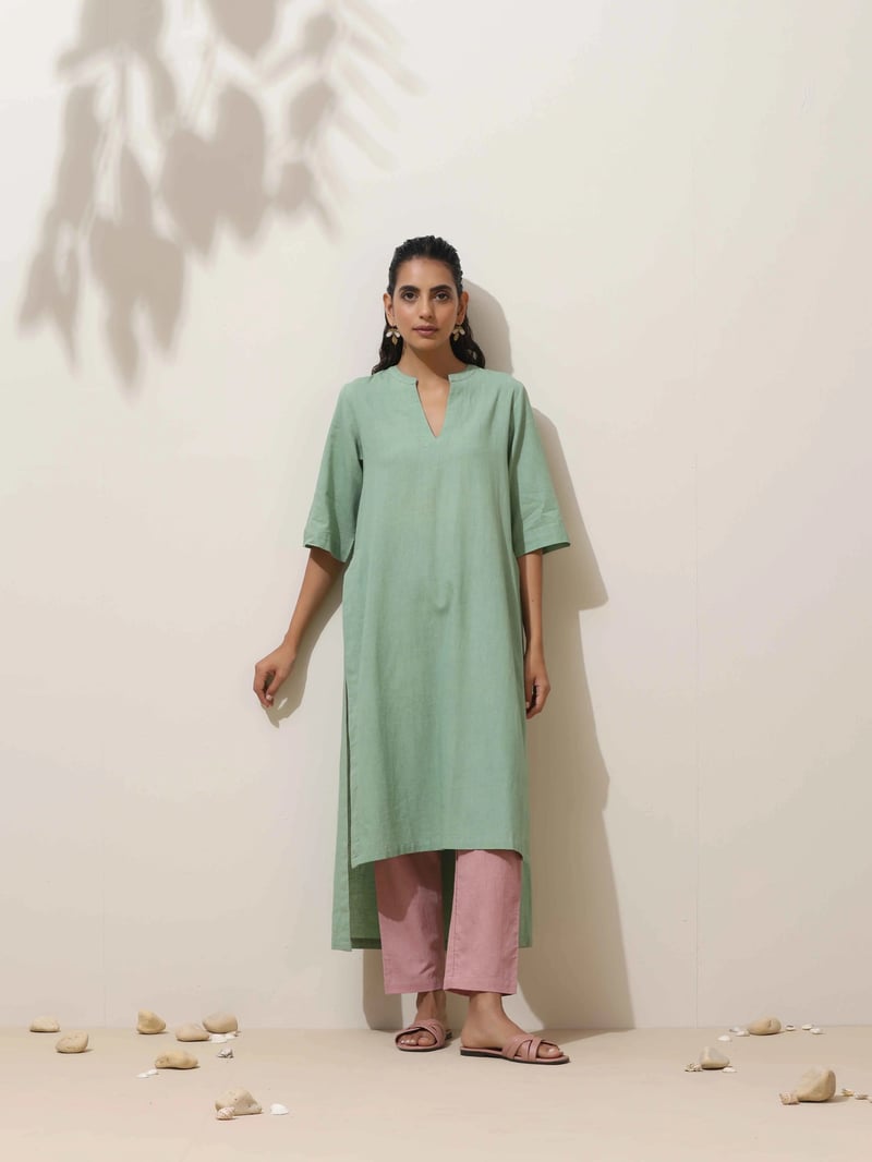 Mint Green Cotton Linen Straight Kurta Pant Set