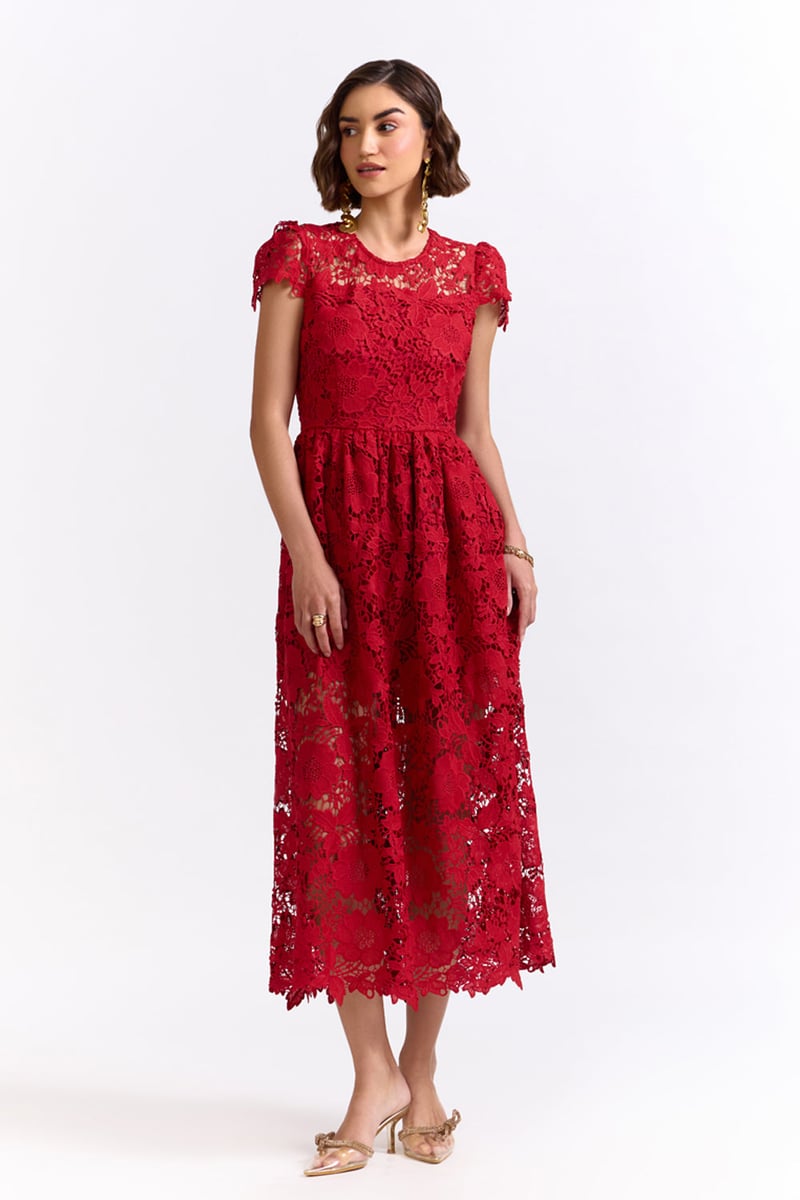 Red Lace Fit and Flare Midi Dress — AVERIE