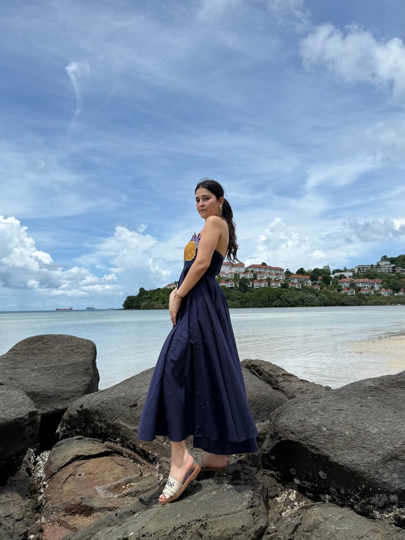 Navy Off-Shoulder Cotton Midi Dress with Floral Applique