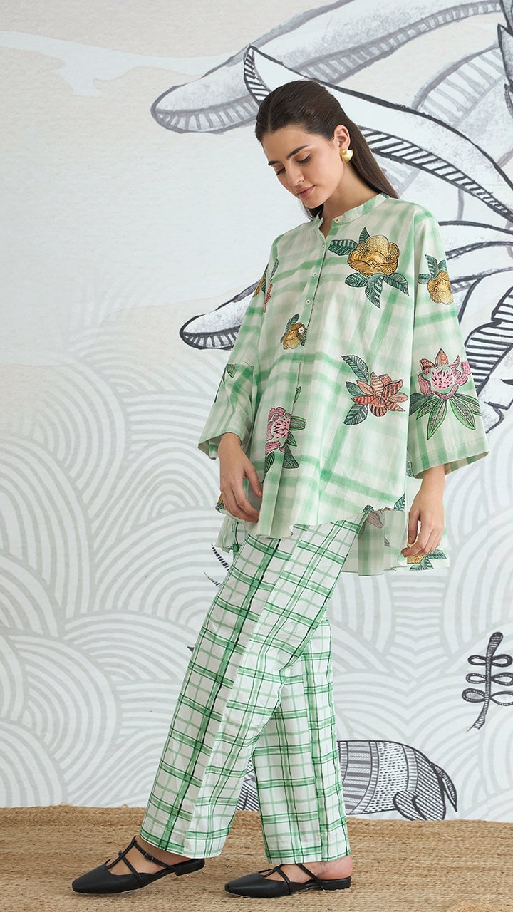 Green Check Floral Tunic and Pants Cotton Co-ord Set