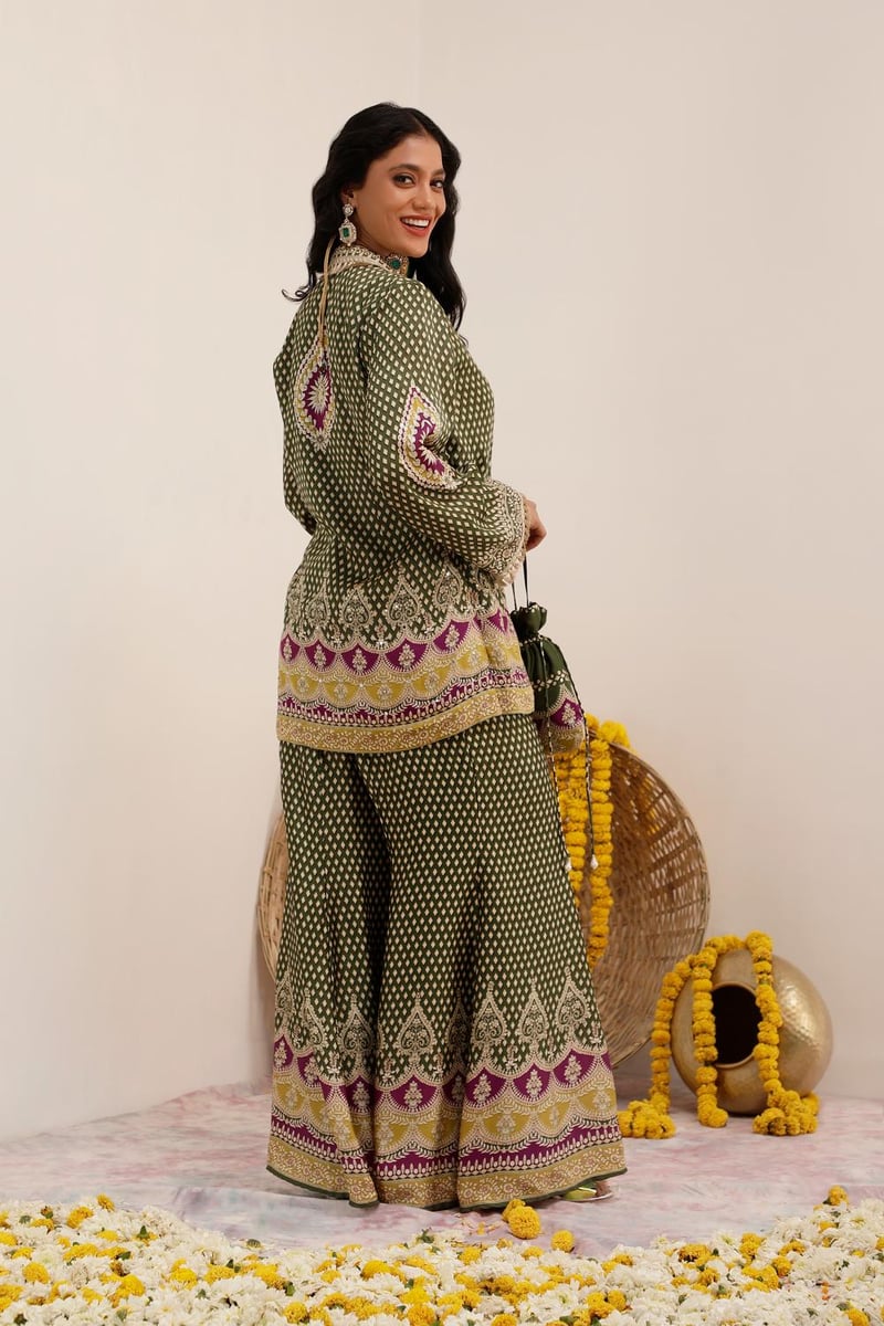 Olive Green Printed Blazer, Blouse and Sharara Co-ord Set