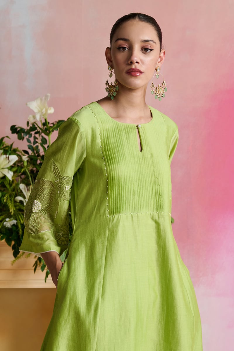 Pastel Green Chanderi A-Line Kurta Set with Embroidered Sleeves