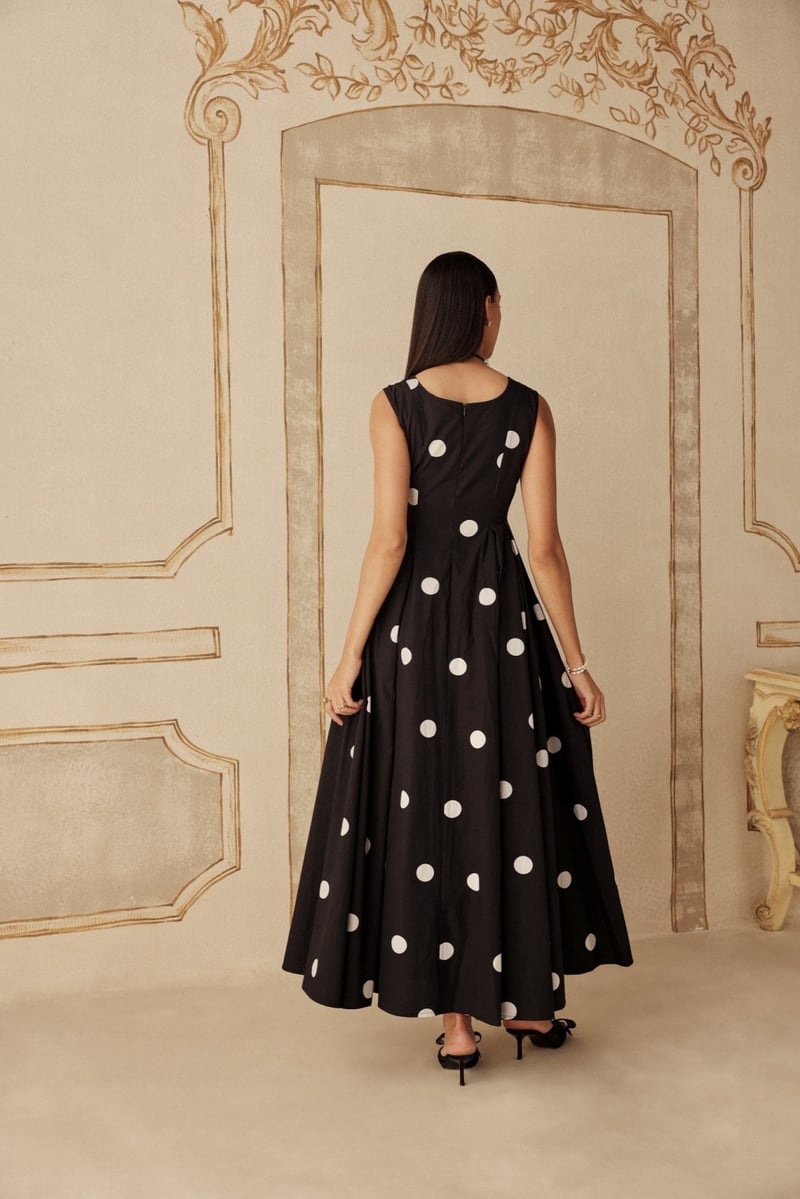 Black and White Polka Dot Fit and Flare Maxi Dress