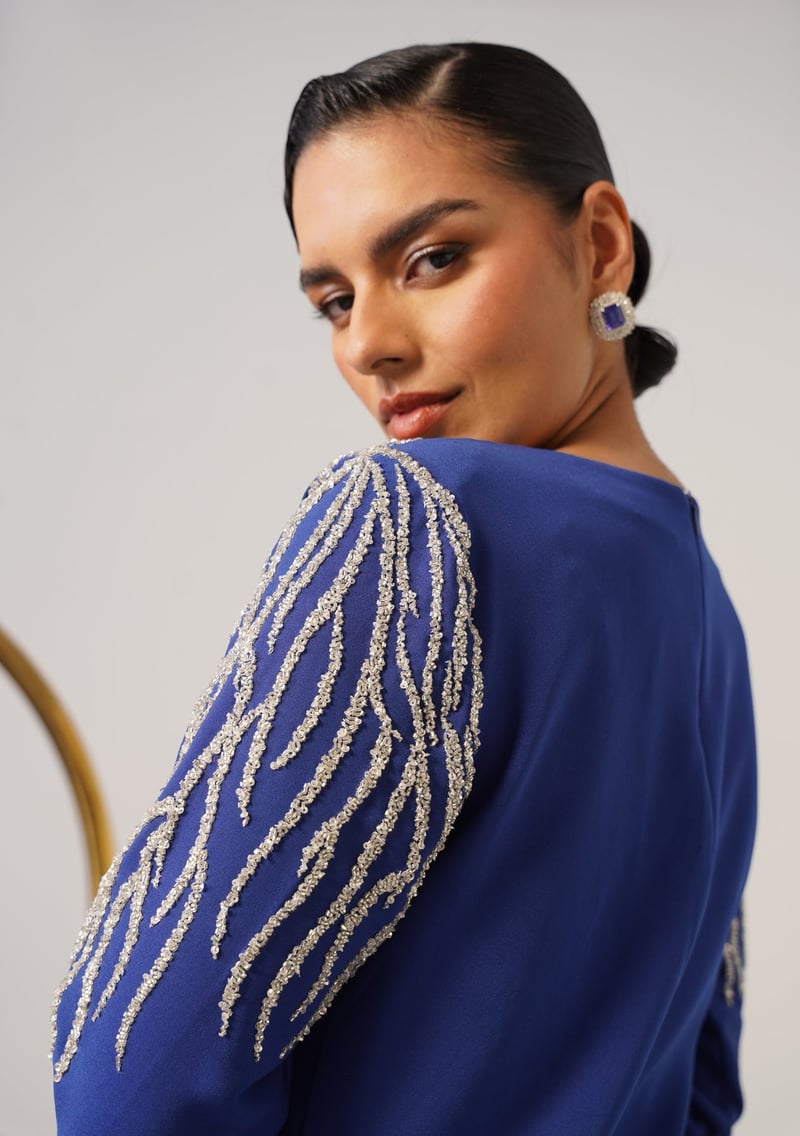 Blue Cutdana-Embellished V-Neck Midi Dress