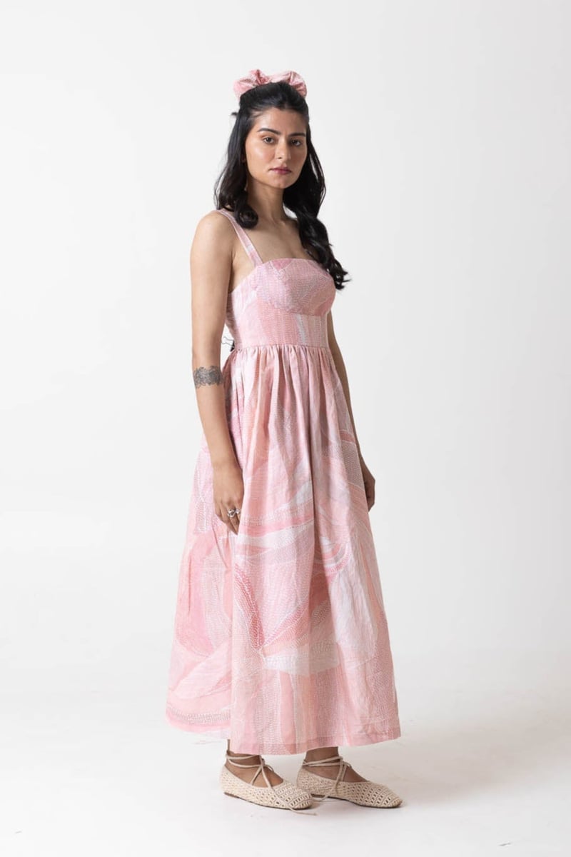 Pink/Peach Printed Fit and Flare Midi Dress