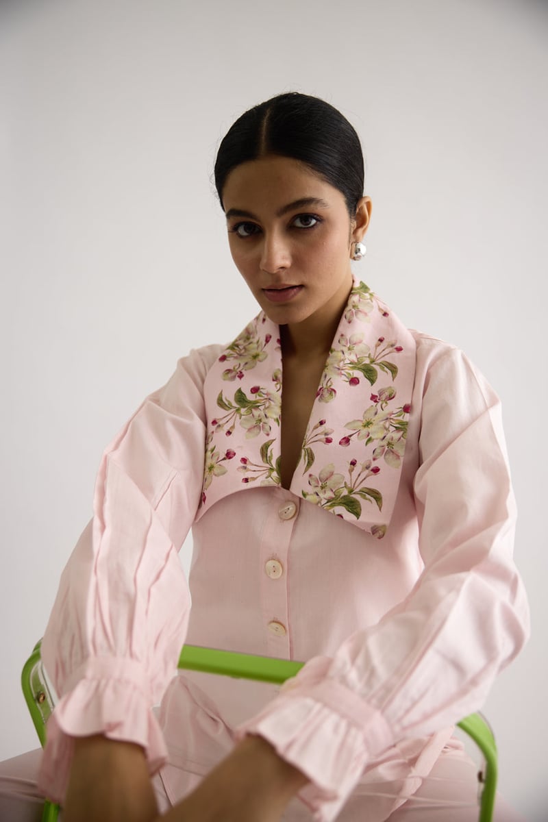 Pink Cotton Satin Shirt with Floral Statement Collar
