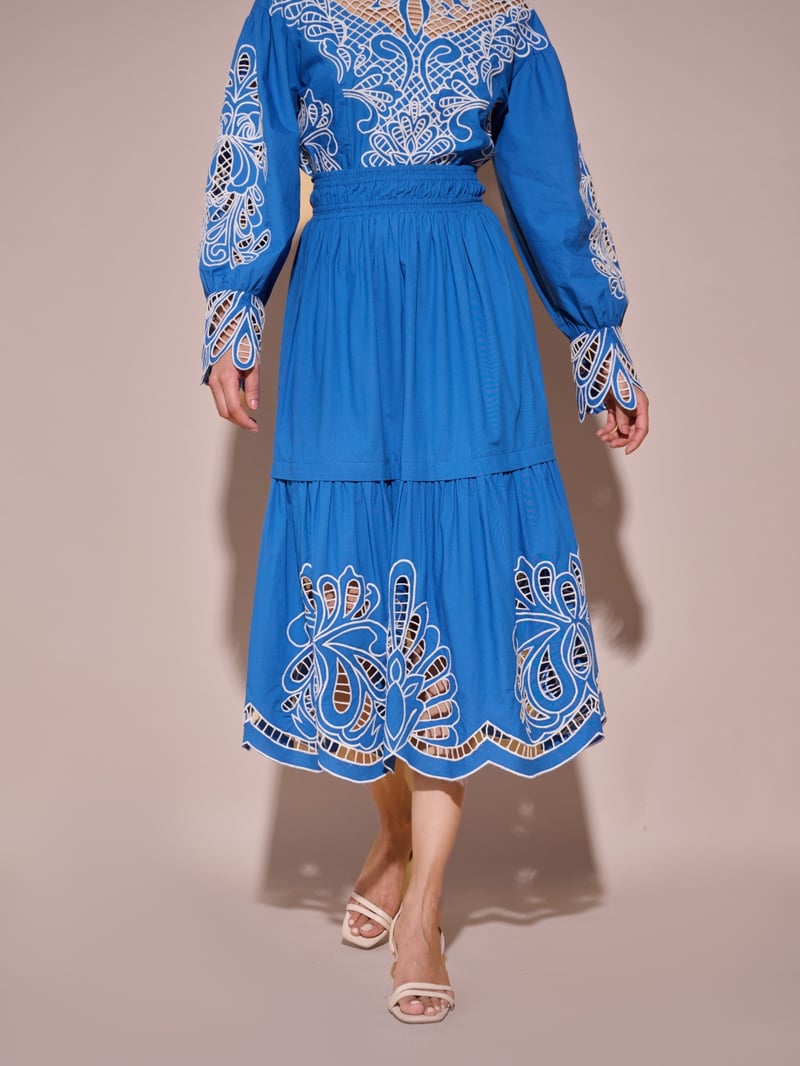 Blue High-Waist Tiered Cutwork Midi Skirt