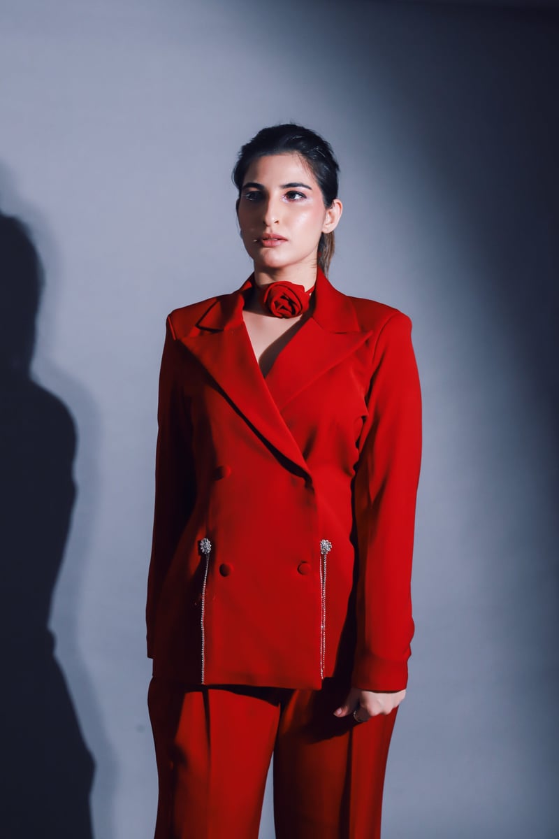 Red Crystal-Detail Blazer and Pants Tailored Set — Darling Girl