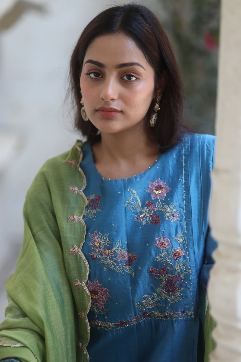 Prussian Blue Chanderi Embroidered Kurta Set with Dupatta