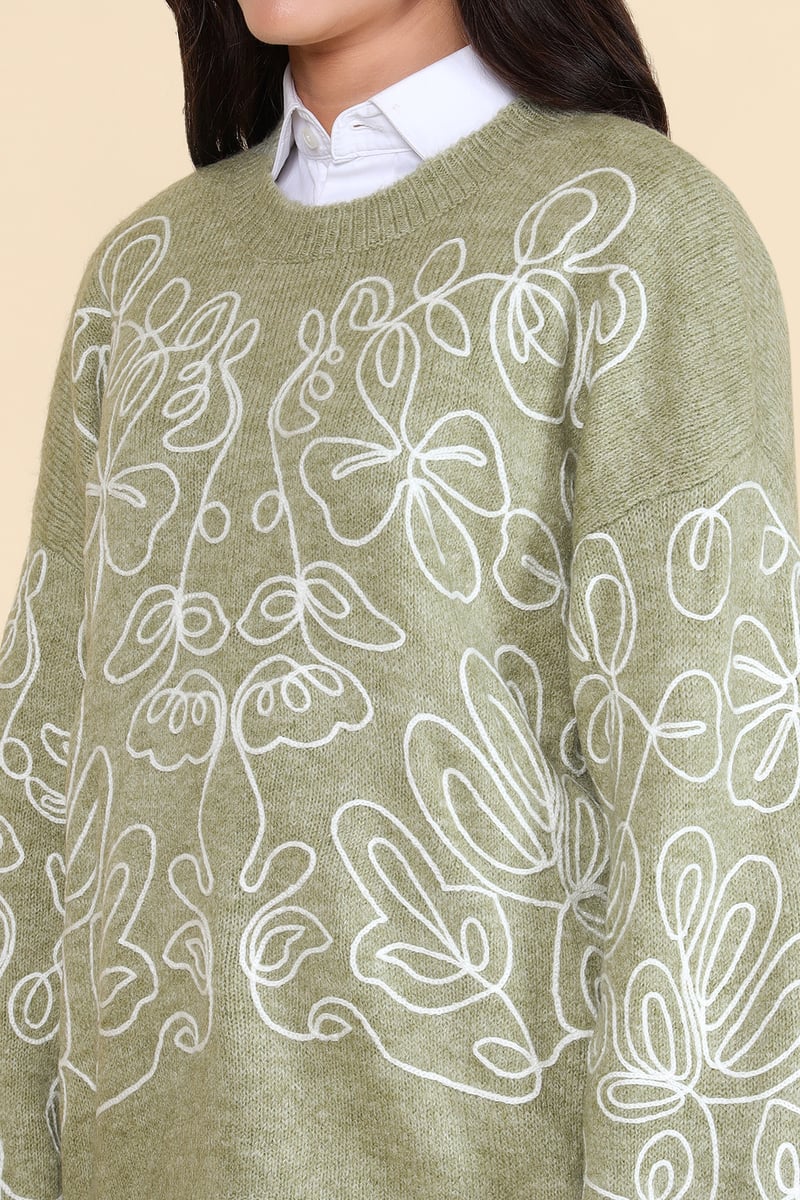 Green Abstract Line-Art Floral Crew Neck Sweater