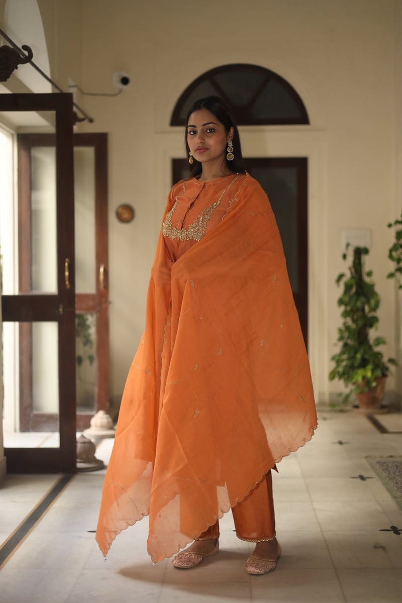 Rust Orange Zardozi Work Silk Chanderi Suit Set