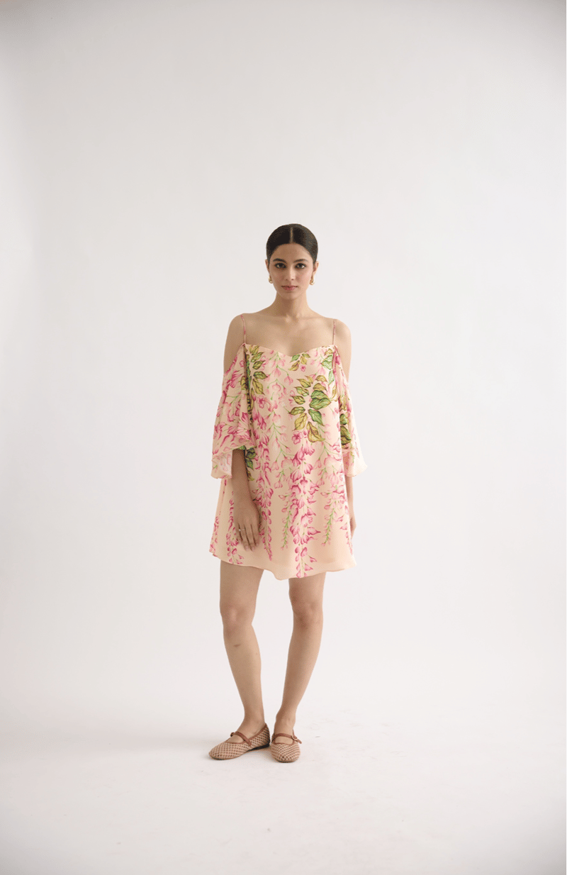 Peach Floral Off-Shoulder A-Line Mini Dress