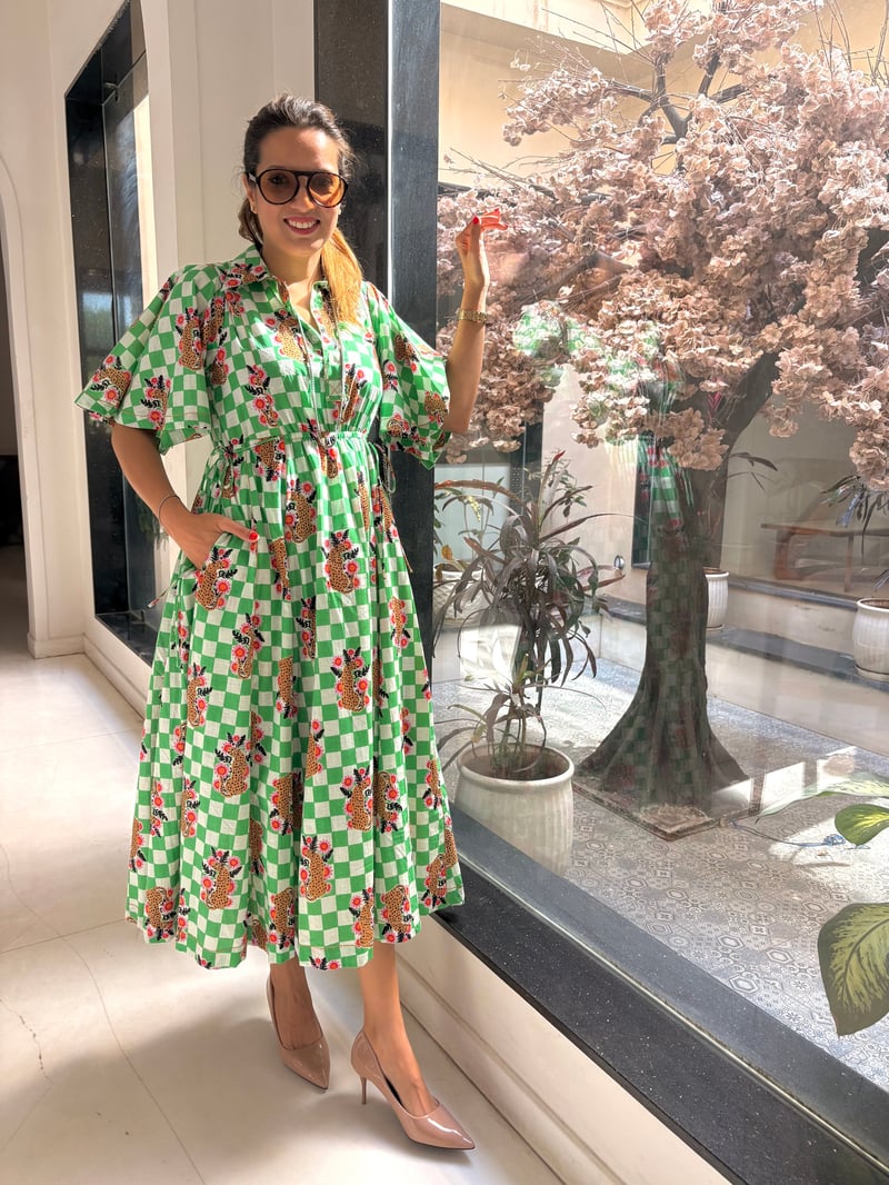 Green Checked Printed Cotton Fit and Flare Midi Shirt Dress