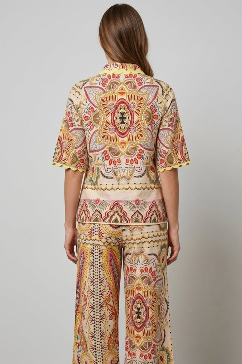 Multicolor Paisley Linen Shirt and Wide-Leg Co-ord Set