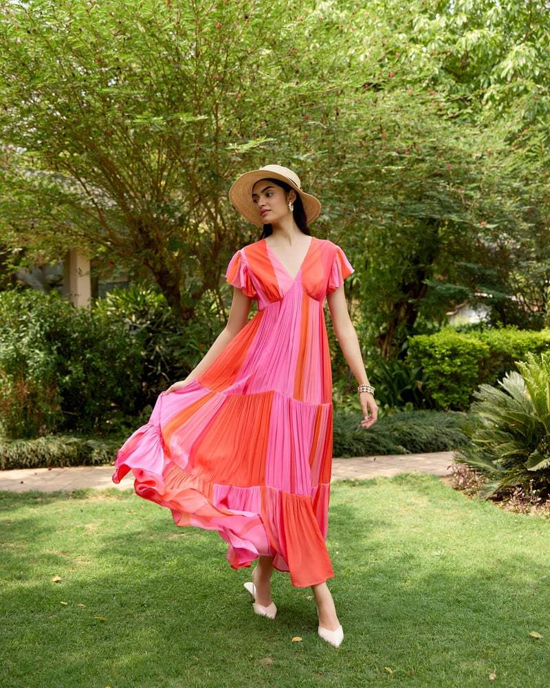 Pink and Orange Colorblocked Tiered Maxi Dress