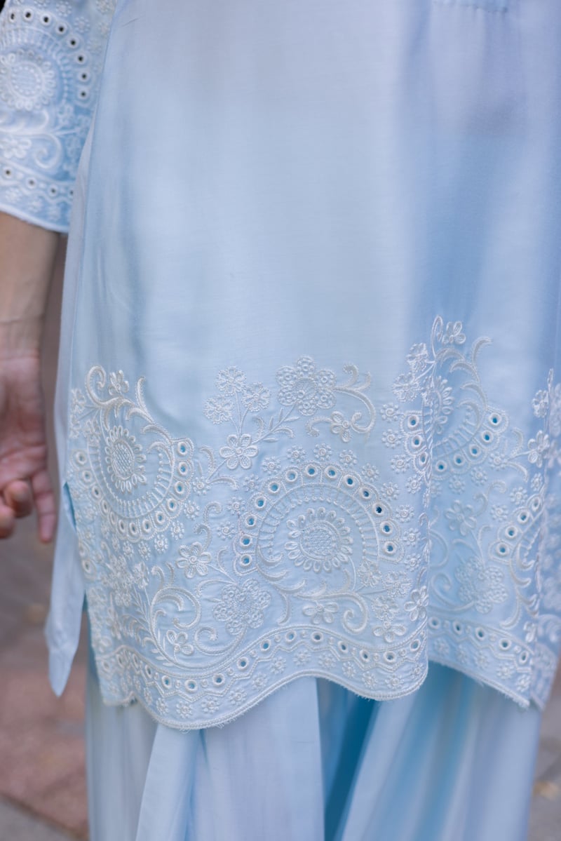 Light Blue Embroidered Kurta and Farshi Salwar Set