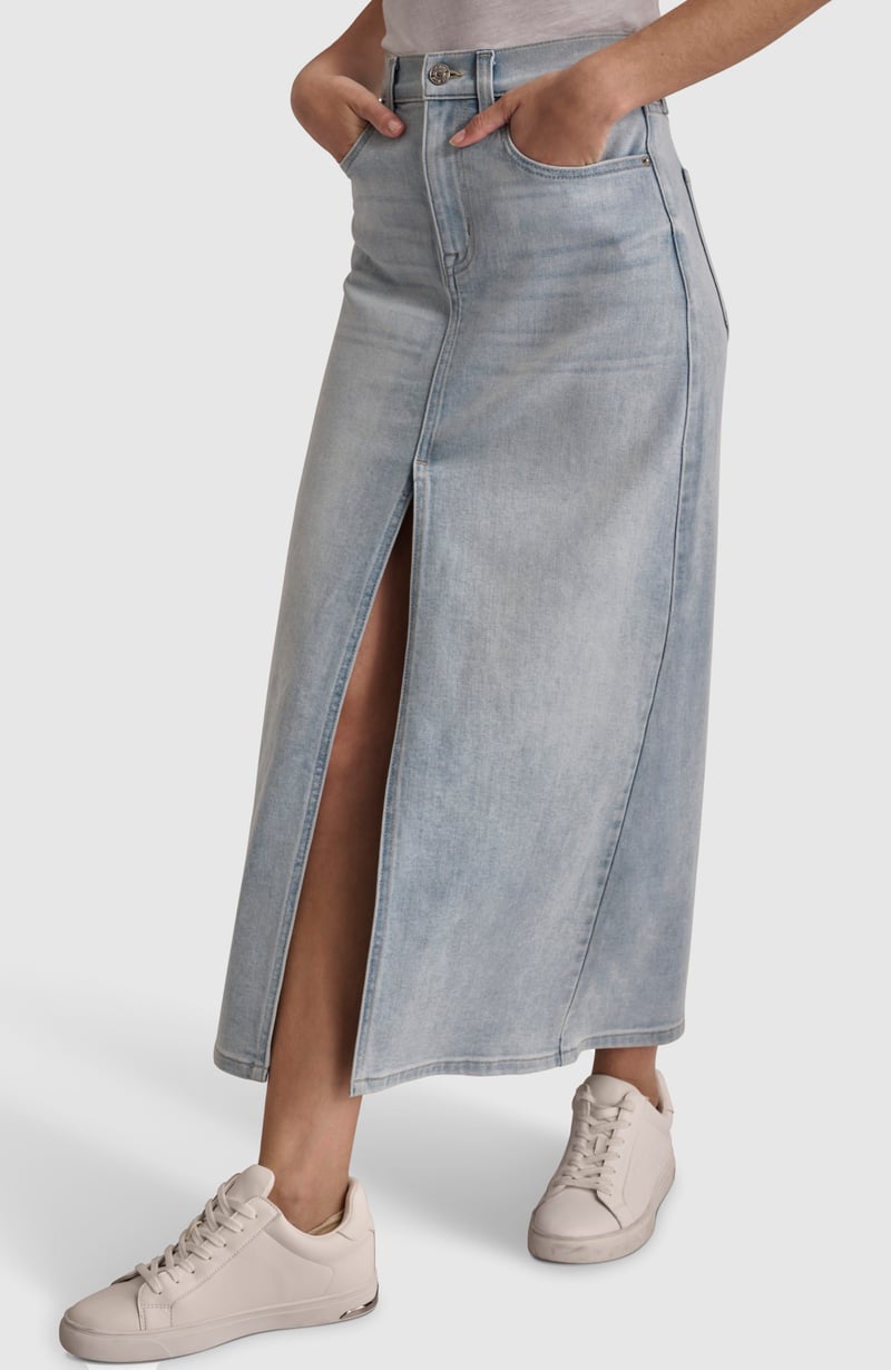 Light Wash Denim Maxi Skirt with Front Slit